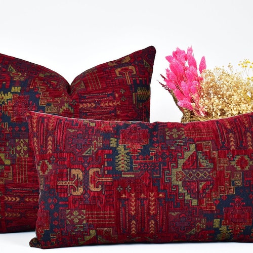 Wine Red Kilim Pillow Cover Red Lumbar Throw Pillow Bohemian Etsy