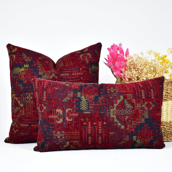 Funda de cojín Kilim turco rojo de cualquier tamaño, cojín Kilim bohemio rojo oscuro, cojín lumbar bohemio turco tejido, funda de cojín Kilim turco