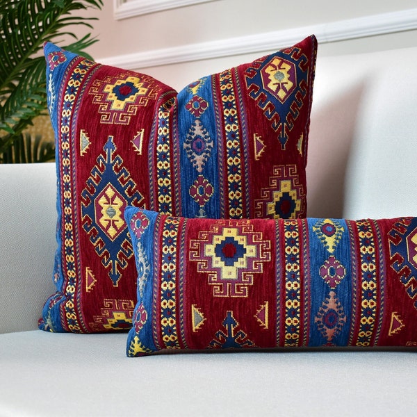 Geometric kilim throw pillow cover, moroccan persian pillow, Red-Blue Southwestern Pillow, Bohemian woven pillow,Home Decor Mothers day gift