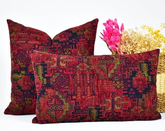 Gebrannter roter türkischer Kelim Dekokissenbezug, rote Boho Teppiche Lendenkissen, türkisches Boho Kelim Lendenkissen, Wohnzimmer Schlafzimmer Teppich Kissen