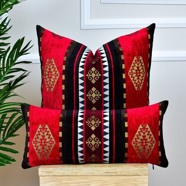 Red Kilim Pillow Covers of All Sizes, Turkish Bohemian Kilim Lumbar Throw Pillow, Red Kilim Euro Pillow Sham , Soft Kilim Mother's Day Gifts