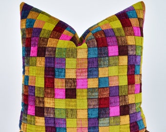 Color Box Patchwork Woven Throw Pillow Cover • Colorful Pillow Cover • Soft Textured Cushion • Luxury Boho Velvet Pillow • Housewarming Gift