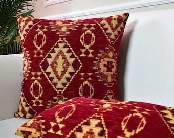 Housse de coussin kilim doux rouge vin, housse de coussin lombaire turque tissée rouge, taie d'oreiller euro kilim rouge pour chambre à coucher housse de coussin kilim géométrique