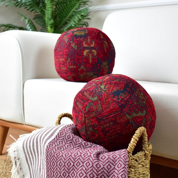 Red Ethnic Kilim Fabric Ball Pillow, Turkish Kilim Ball Pillow, Authentic Woven Throw Pillow, Unique Ball Pillow, Mother's Day Pillow Gifts