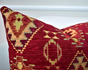 Red Moroccan Kilim Pillow Cover, Turkish Lumbar Throw Pillow, Southwestern Kilim Cushion Cover for Sofa, Rug Aztec Pillow, Kilim Euro Sham