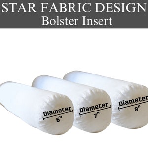 May include: Three white bolster pillow inserts in different sizes. The inserts are labeled with their diameter: 6 inches, 7 inches, and 8 inches.