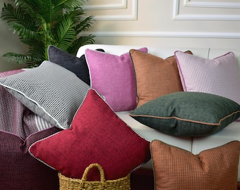 Linen Throw Pillow Cover with Contrast Piping | Farmhouse Cushion Case