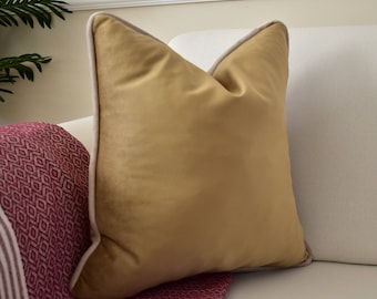 Camel Velvet Throw Pillow Cover, Cream Piping, Designer Cushion