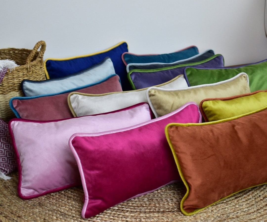 Lumbar Pillow Cover With Piping, Velvet Throw Pillow Cover, Stylish Velvet Cushion, Erasable