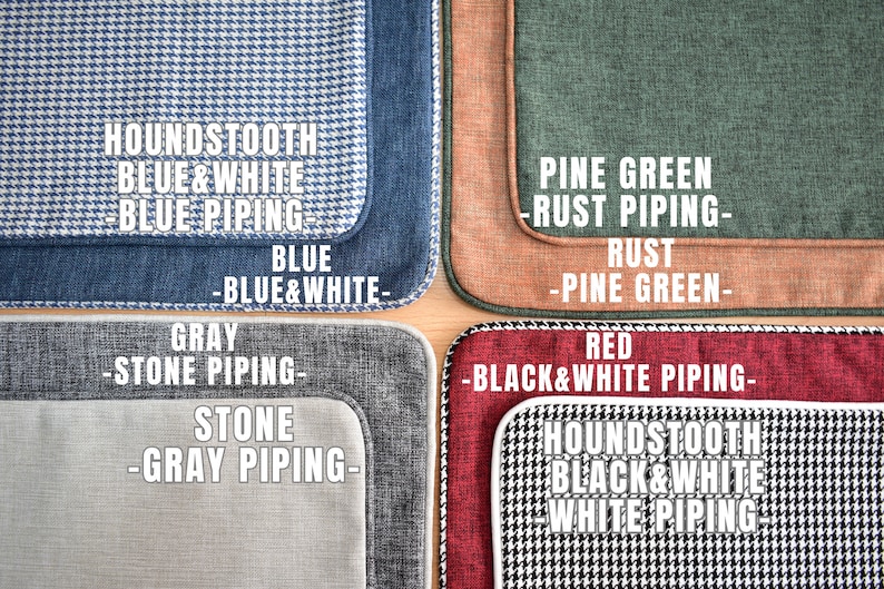 May include: Close-up of four fabric swatches with different patterns and colors. The swatches include houndstooth, gray, pine green, and red. Each swatch has contrasting piping and text labels.