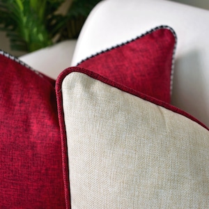 Red linen pillow with piping, Lumbar throw pillow cover, Cushion made of durable linen fabric, Woven Pillows, Customizable piping colors