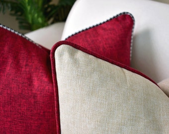 Red linen pillow with piping, Lumbar throw pillow cover, Cushion made of durable linen fabric, Woven Pillows, Customizable piping colors