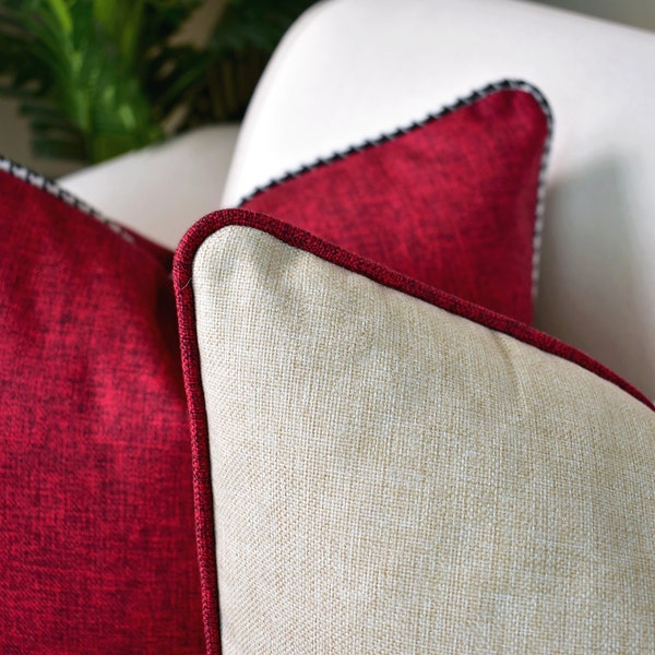 Red linen pillow with piping, Lumbar throw pillow cover, Cushion made of durable linen fabric, Woven Pillows, Customizable piping colors