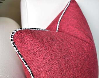 Funda de almohada de lino rojo: cojín moderno con ribetes