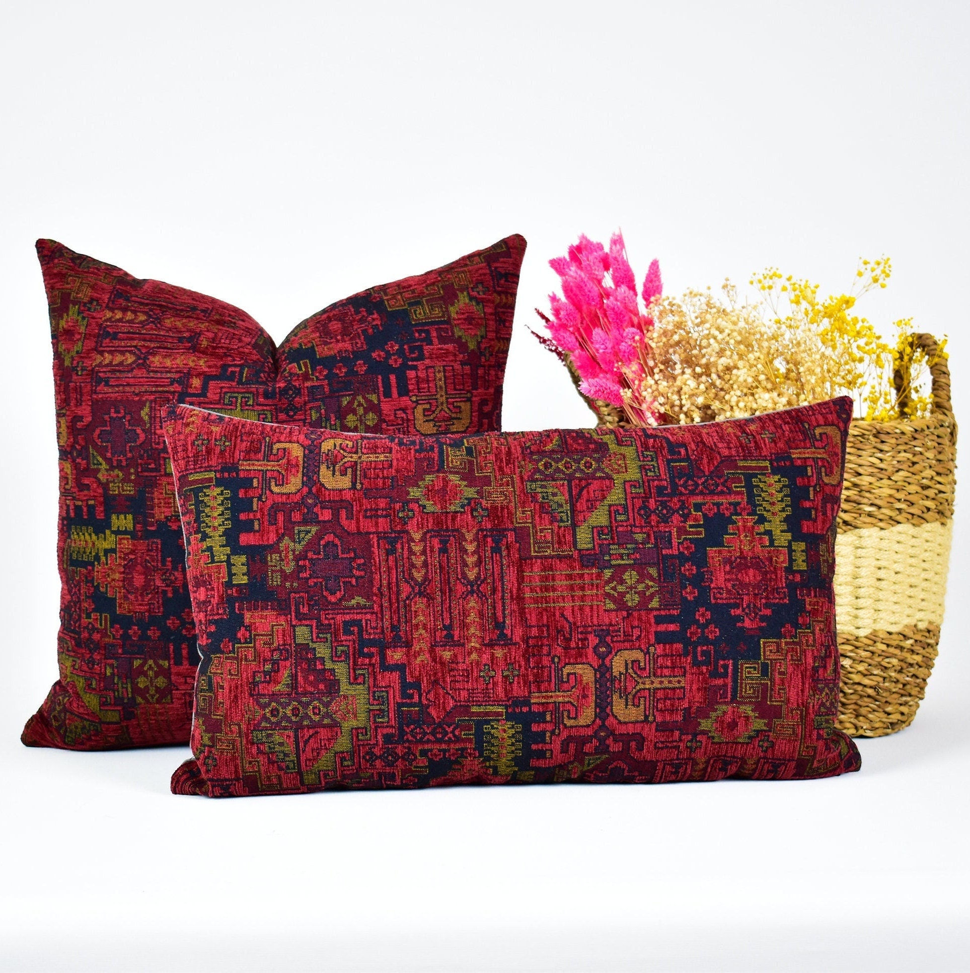 Burnt Red Turkish Kilim Throw Pillow Cover,Red Bohemian Rugs Lumbar Pillow,Turkish Boho Kilim Lumbar Pillow,Living Room Bedroom Rug Pillow