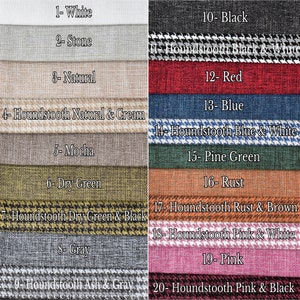 May include: A collection of fabric swatches in various colors and patterns. Colors include white, stone, natural, mocha, dry green, gray, red, blue, pine green, rust, and pink. Houndstooth patterns are also featured.