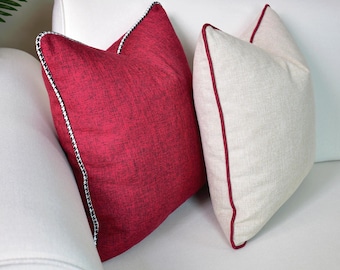 Red Linen Throw Pillow Cover: Contrast Piping, Custom Size