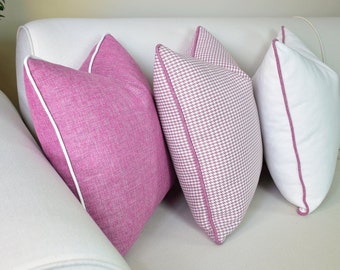 Washable Linen Pillow Cover with Piping, Pink Linen Throw Pillow Covers, Lumbar and Square Linen Pillows, Double Sided Linen Cushion Cover