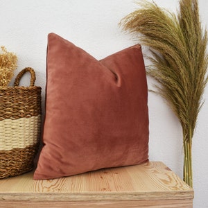 May include: A rust-colored velvet pillow sits on a light wood surface with a woven basket and dried pampas grass in the background.