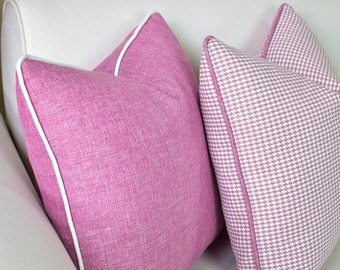 Pink Linen Pillow with White Piping, Washable Linen Pillow Cover, Designer Linen Throw Pillows, Luxury Cushion, Customizable Piping Colors