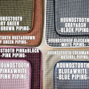 May include: A set of eight houndstooth patterned rugs with different color combinations and piping. The rugs are arranged in two rows of four. The top row features dry green, rust and brown, gray and ash, and black and white. The bottom row features pink and black, pink and white, cream and natural, and blue and white.