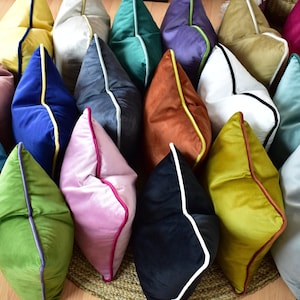 Designer Piping Velvet Pillow Cover, Modern Velvet Throw Pillow, Corded Edges Cushion Cover, Solid Pillow Case, 24 color options & All Sizes