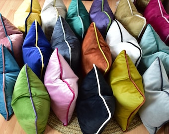 Designer Piping Velvet Pillow Cover, Modern Velvet Throw Pillow, Corded Edges Cushion Cover, Solid Pillow Case, 24 color options & All Sizes