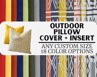 May include: The image showcases outdoor pillow covers and inserts in various colors and patterns. Two yellow pillows are displayed, one with a geometric design. The text reads "Outdoor Pillow Cover + Insert, Any Custom Size, 18 Color Options."