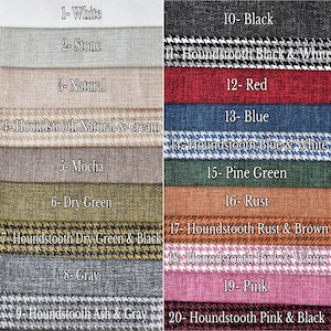 May include: Swatch card showing 20 different fabric samples. The samples include solid colors like white, black, red, blue, green, and rust. There are also houndstooth patterns in various color combinations, such as black and white, blue and white, rust and brown, and pink and black.