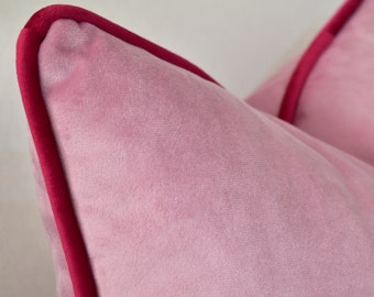 Almohada rosa bebé con ribetes fucsia * Almohada personalizable * Funda de almohada de tela de terciopelo tapicería * Almohada de tiro de terciopelo / Todos los tamaños y colores