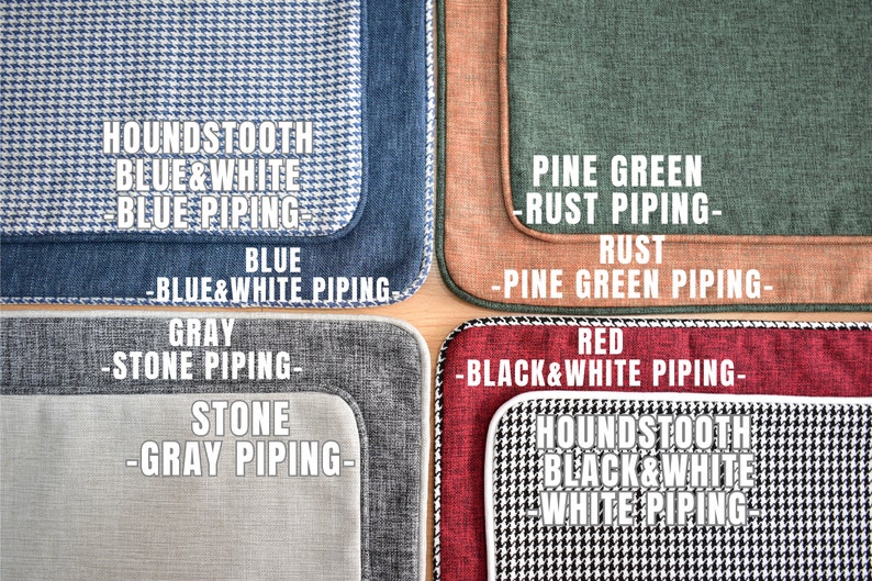 May include: Four different fabric swatches with contrasting piping. The swatches are houndstooth blue and white with blue piping, pine green with rust piping, gray with stone piping, and red with black and white piping.