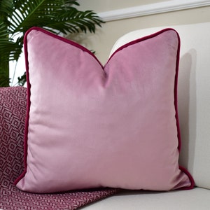 Baby Pink Pillow with Fuchsia Piping Customizable Pillow Upholstery velvet fabric pillow cover Velvet Throw Pillow All Size & Colors image 2