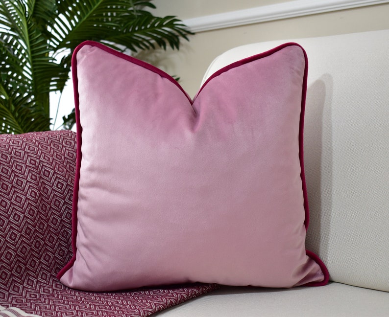 Baby Pink Pillow with Fuchsia Piping Customizable Pillow Upholstery velvet fabric pillow cover Velvet Throw Pillow All Size & Colors image 2