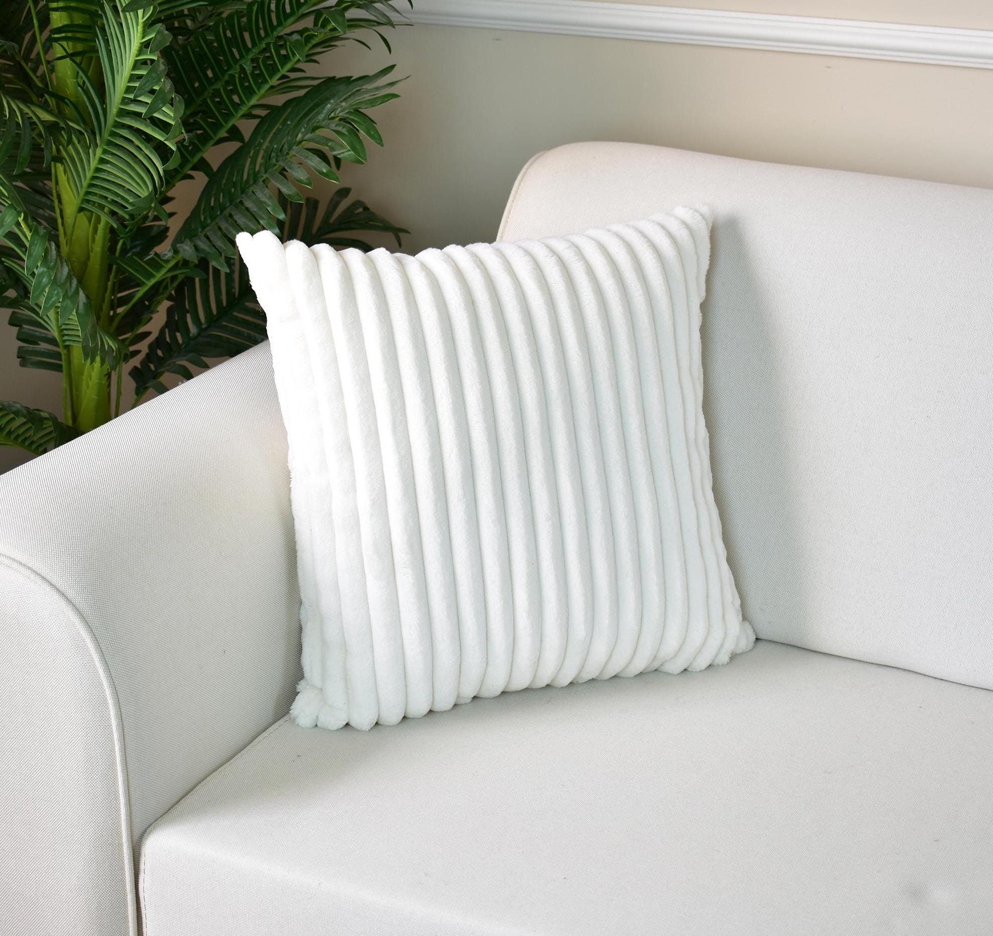 ストライプ柄ホワイトコーデュロイクッションカバー、高級クッション