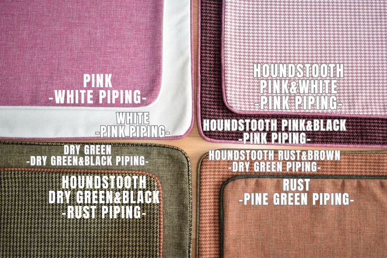 May include: A close-up of four fabric swatches with different patterns and colors. The swatches include pink with white piping, houndstooth pink and white with pink piping, dry green with dry green and black piping, and houndstooth dry green and black with rust piping. Text labels identify each swatch.