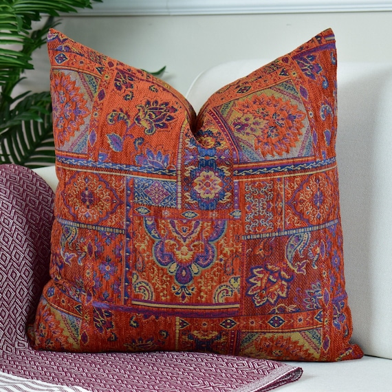 Floral Terracotta Kilim Pillow Cover Moroccan Tribal Throw Pillow