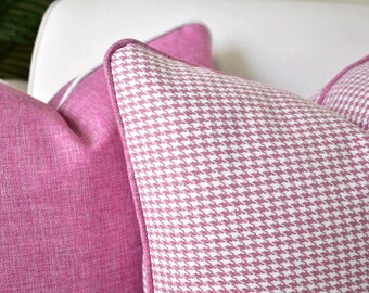 Pink Linen Throw Pillow Cover, Houndstooth Cushion, Farmhouse Decor