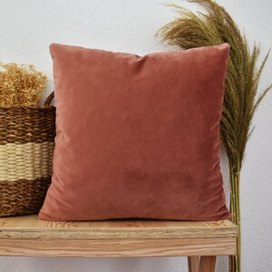 May include: A soft, terracotta-colored velvet pillow with a simple, rectangular shape. The pillow is sitting on a wooden shelf with a light brown finish.
