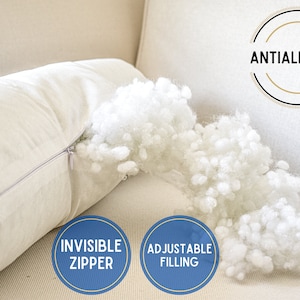 May include: A white pillow with an invisible zipper and adjustable filling. The pillow is hypoallergenic and has a white cotton filling. The pillow is shown on a beige couch.