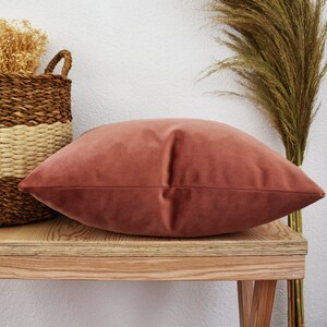 May include: A soft, dusty rose velvet pillow resting on a wooden shelf. The pillow is a rectangular shape with a smooth, plush surface.