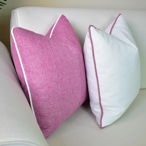 Pink White Linen Pillow Cover, Throw Pillow Cover with Piping, Decorative Linen Cushion Cover, Designer Linen Pillow Case, All Sizes Colors