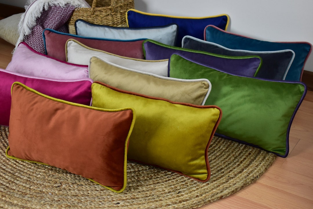 Velvet Lumbar Pillow With Piping, Designer Throw Pillow Cover ...