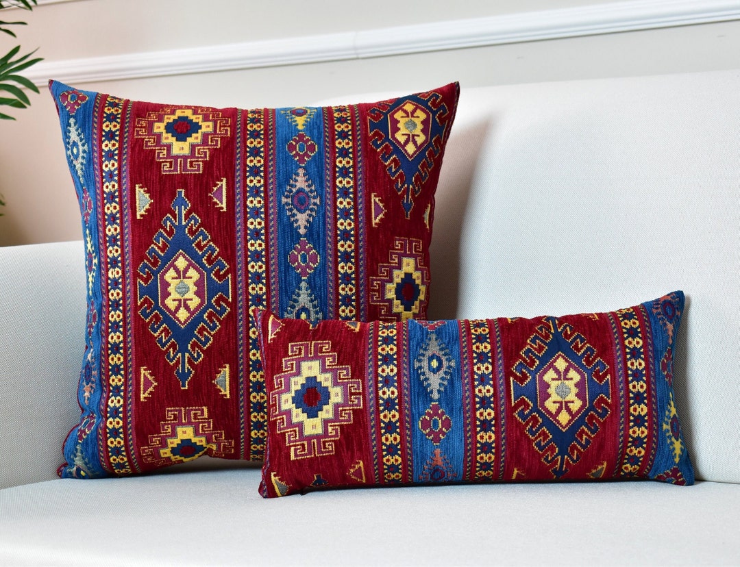 Kilim Throw Pillow Cover, Red and Blue Turkish Rug, Bohemian Geometric  Cushion