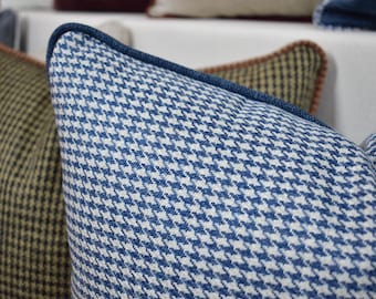 Blue Houndstooth Linen Throw Pillow Cover, Designer Cushion