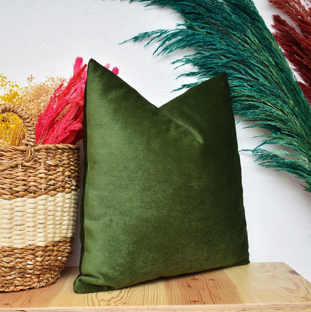 Olive Green Velvet Pillow Cover, Green Throw Pillow, Luxury Lumbar Pillow, Velvet Euro Sham