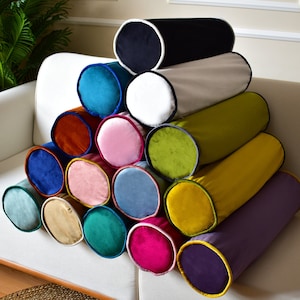 Velvet Bolster Pillow Cover with Piping, Lumbar Bolster Pillow Cover with Cording, Velvet Pillow Cover in 24 different Colors