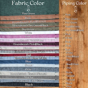 May include: A color chart displaying fabric and piping color options. The chart includes a variety of colors such as pine green, rust, pink, blue, and gray, with houndstooth patterns. Text labels identify each color choice.