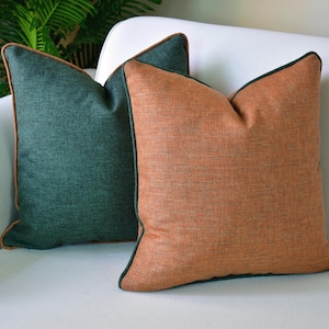 Rust-Green Linen Pillow, Piping Cushion Cover, High Quality Linen Pillowcase, Corded-Edge Linen Throw Pillow Cover, Mother&#39;s Day Gift