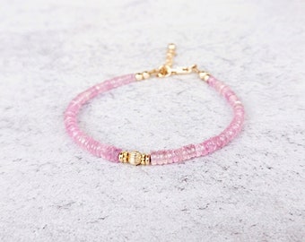 Pulsera de zafiro rosa claro, cierre relleno de oro, plata de ley, pulsera apilable, joyería delicada, regalo para ella, piedra de nacimiento de septiembre