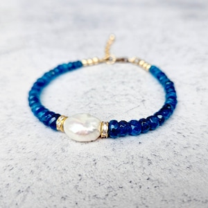 Blue Apatite and Baroque Freshwater Pearl Bracelet, Gold Filled Clasp, Stacking Bracelet, Gift for Her